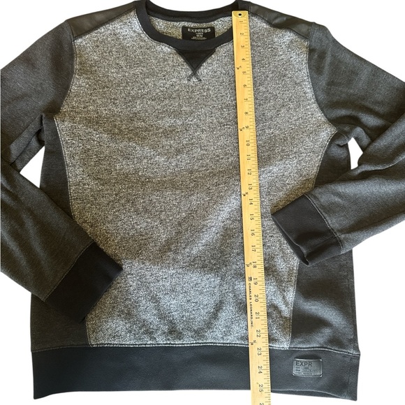 Express Men’s Medium Sweatshirt Crewneck Gray and Black  Faux Leather Shoulders - Picture 6 of 9